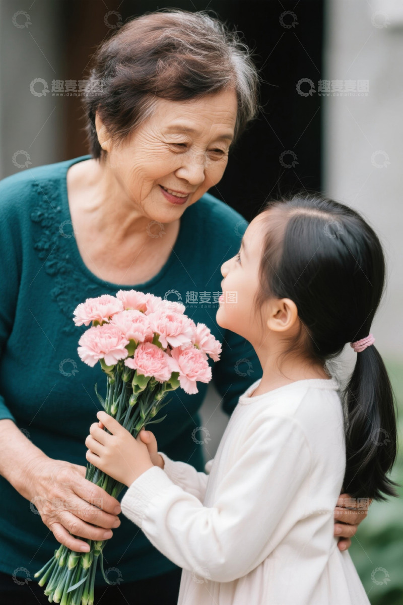 高清大图下载【趣麦麦图】小女孩向祖母献花温馨场景