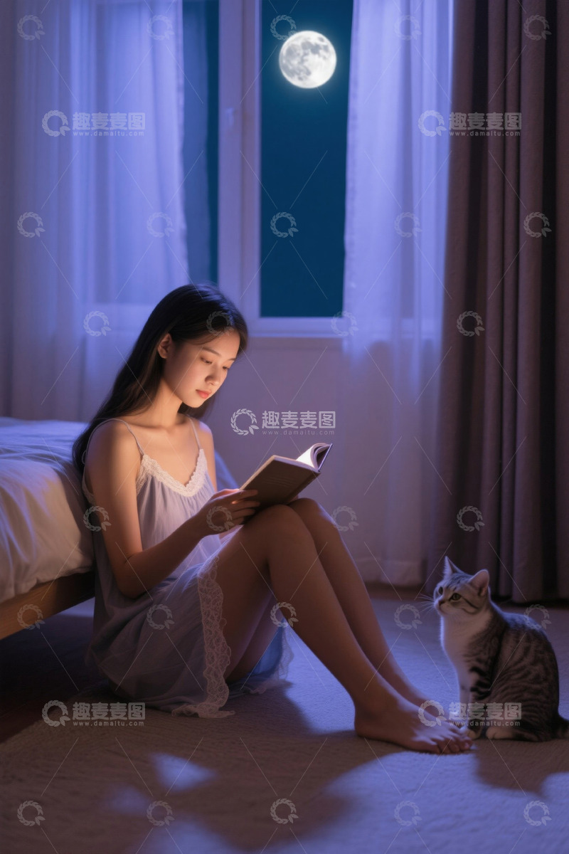 高清大图下载【趣麦麦图】夜晚卧室女子阅读陪伴猫咪