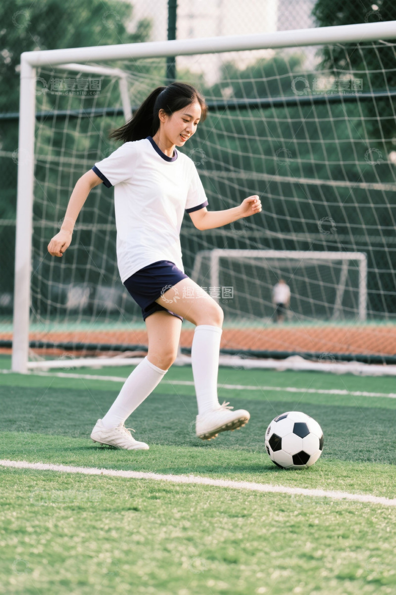 高清大图下载【趣麦麦图】女孩在足球场踢足球