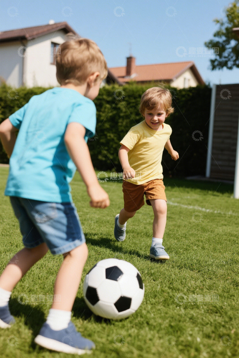 高清大图下载【趣麦麦图】户外草地男孩踢足球场景