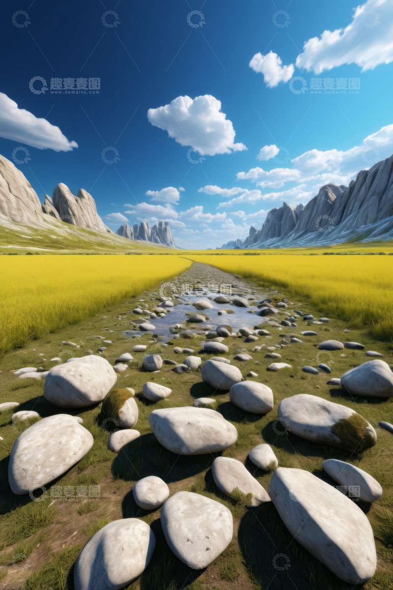 高清大图下载【趣麦麦图】草原山谷间的石头小路风景