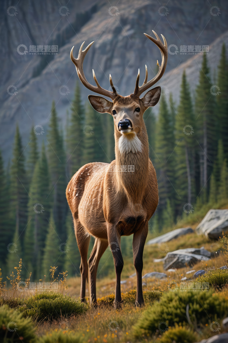 高清大图下载【趣麦麦图】山林间站立的带角鹿