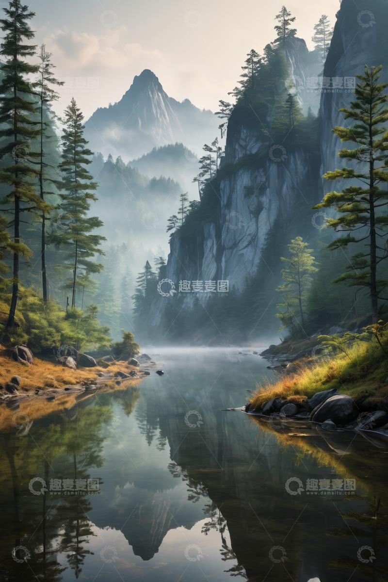 高清大图下载【趣麦麦图】山林间宁静的河流风景