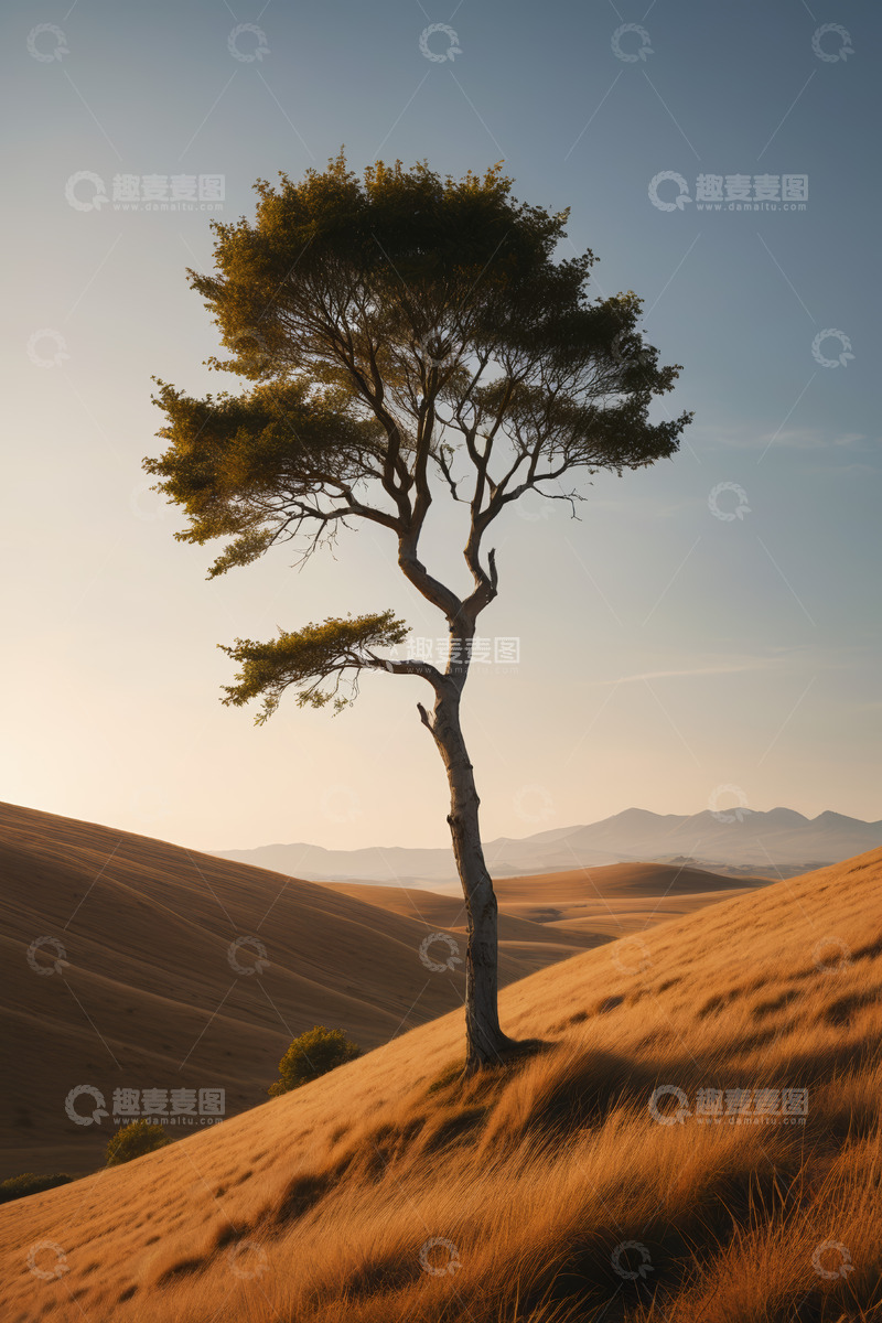 高清大图下载【趣麦麦图】旷野中孤树与山丘风景