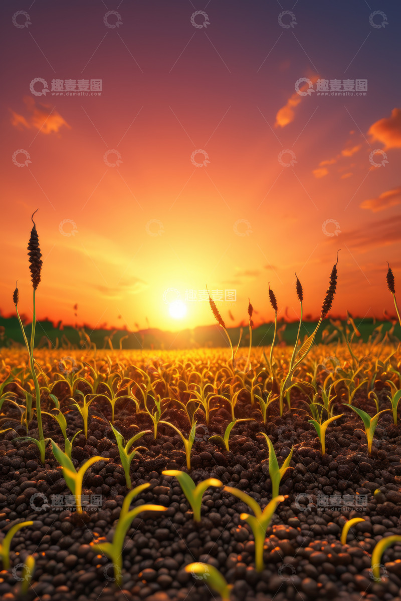 高清大图下载【趣麦麦图】夕阳下农田里生长的植物