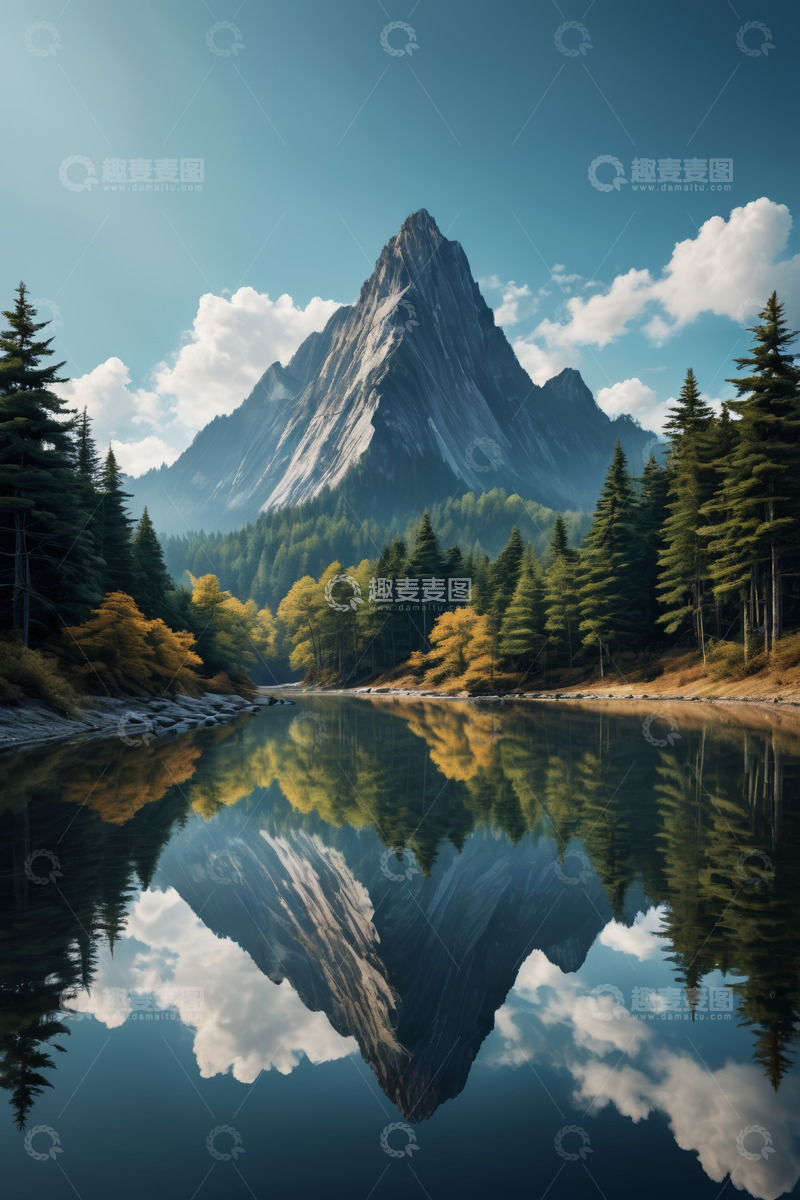 高清大图下载【趣麦麦图】山林间湖泊与巍峨山峰景象