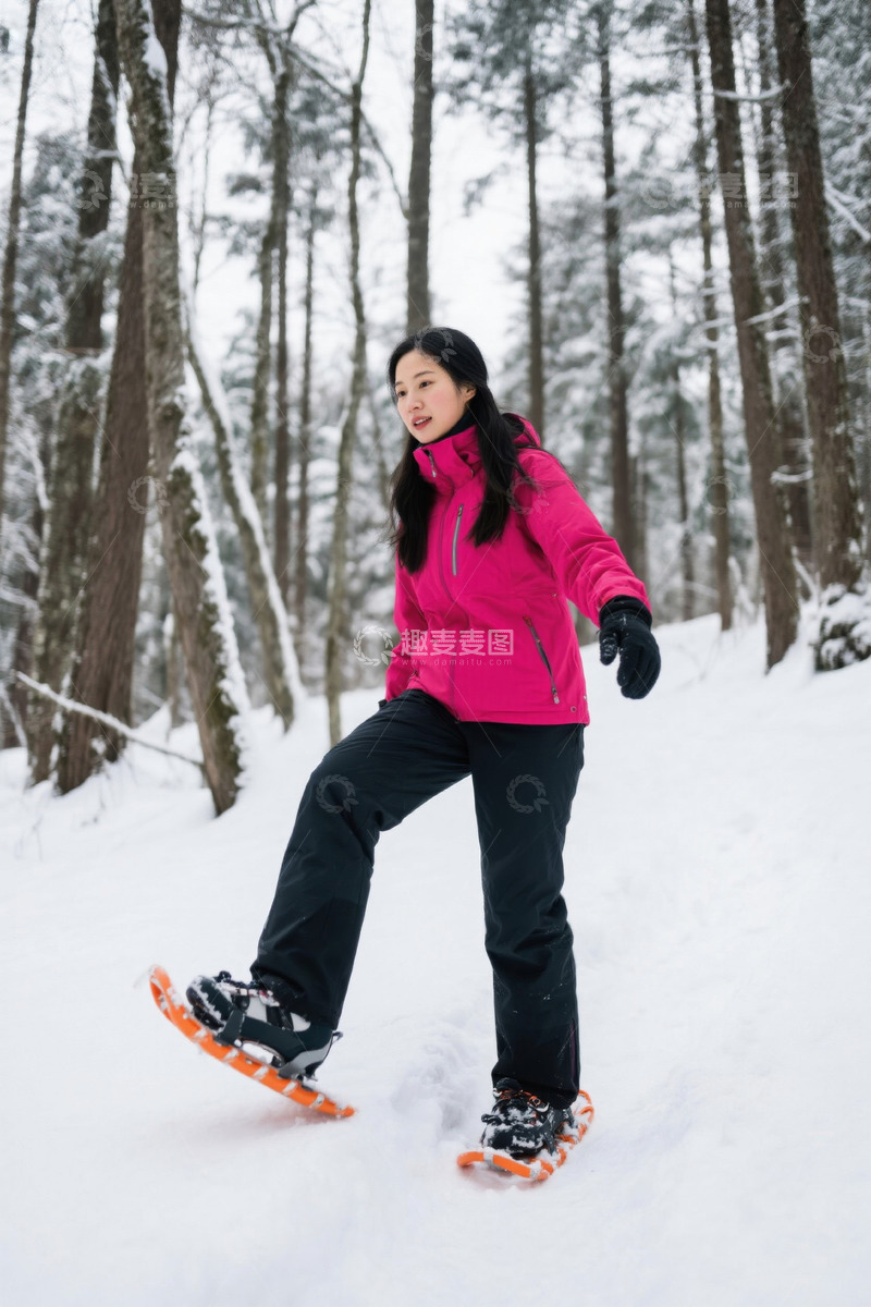 高清大图下载【趣麦麦图】女子雪地穿雪鞋漫步森林