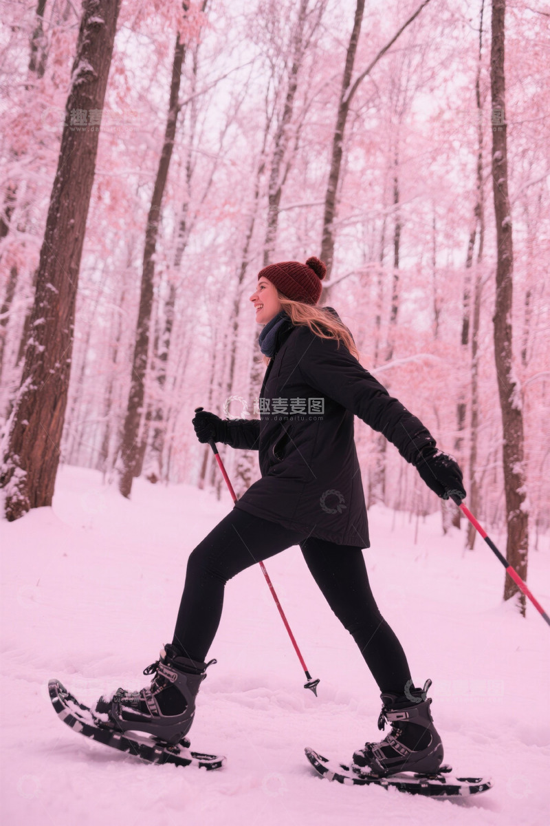 高清大图下载【趣麦麦图】女子雪地森林中穿雪鞋徒步