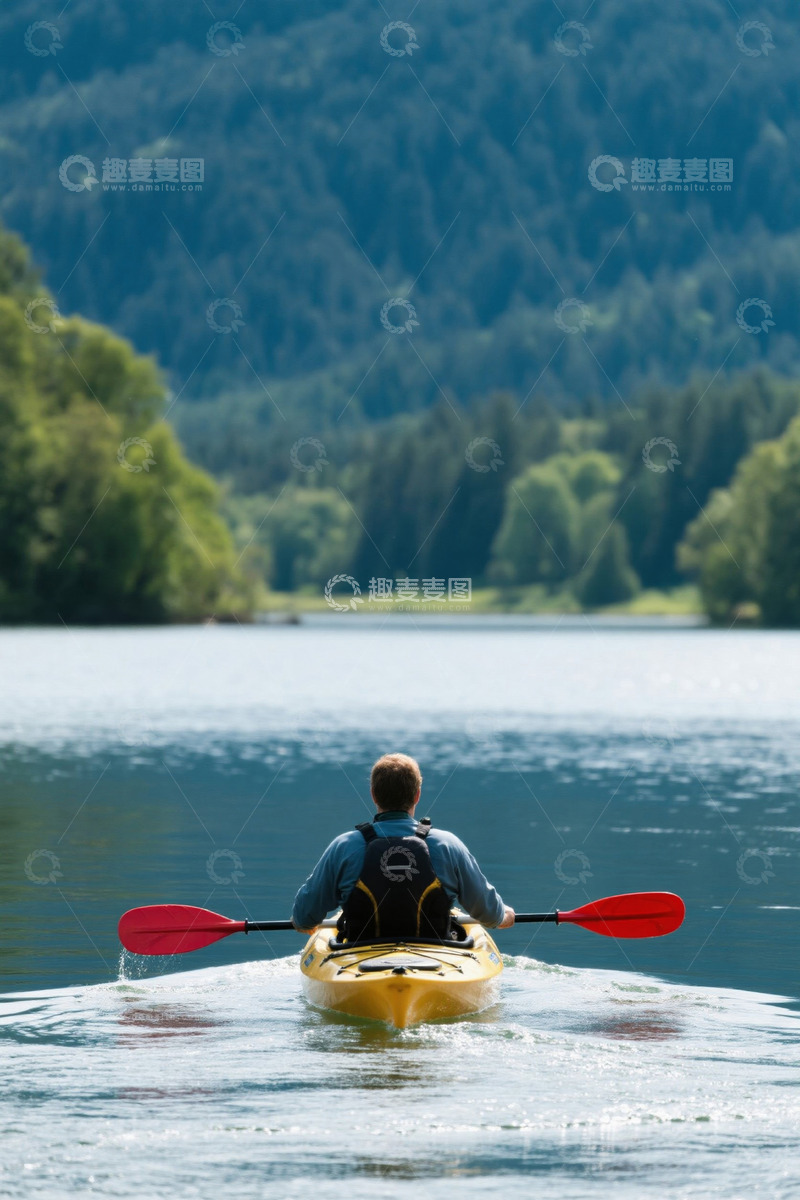 高清大图下载【趣麦麦图】男子湖面划皮划艇