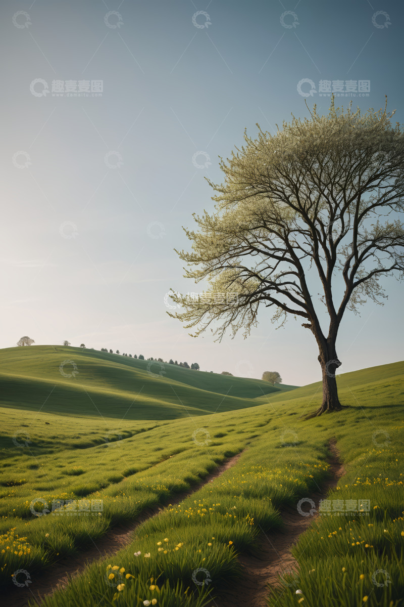 高清大图下载【趣麦麦图】原野上的孤树与草地风景
