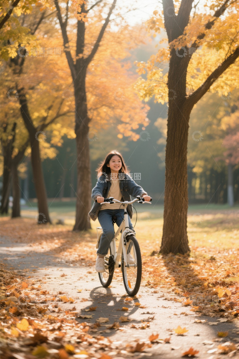 高清大图下载【趣麦麦图】女孩秋日公园骑自行车