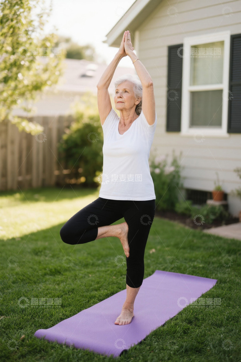 高清大图下载【趣麦麦图】老年女性户外草坪练瑜伽
