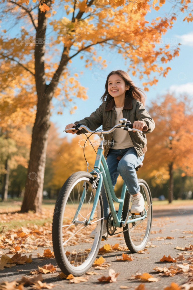 高清大图下载【趣麦麦图】女孩秋日公园骑自行车