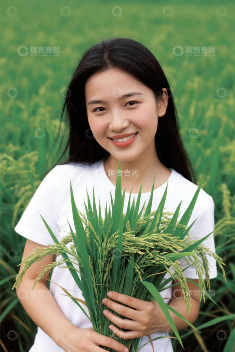 高清大图下载【趣麦麦图】女子手持稻穗站在稻田中