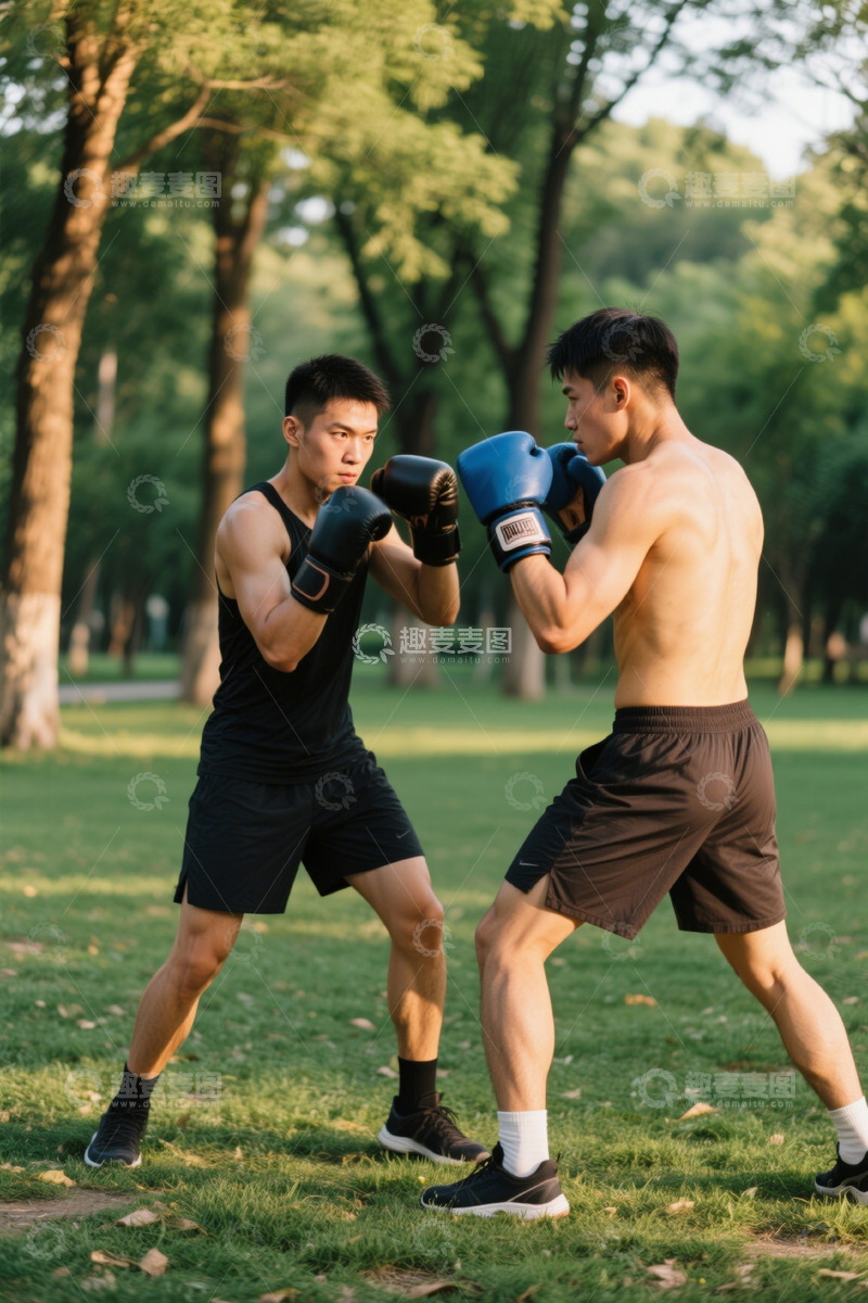 高清大图下载【趣麦麦图】户外草地两人拳击训练