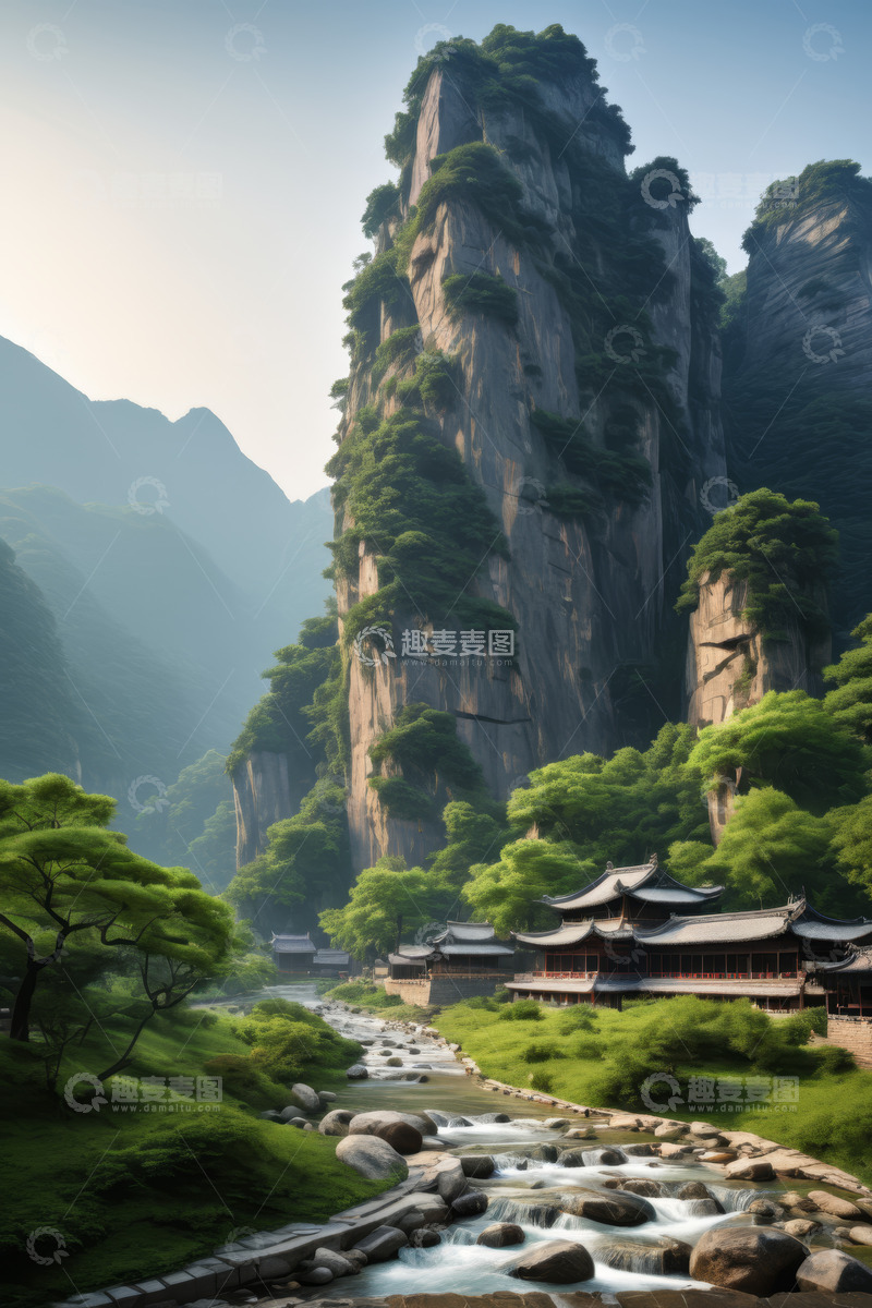 高清大图下载【趣麦麦图】山水间的中式古建筑风景