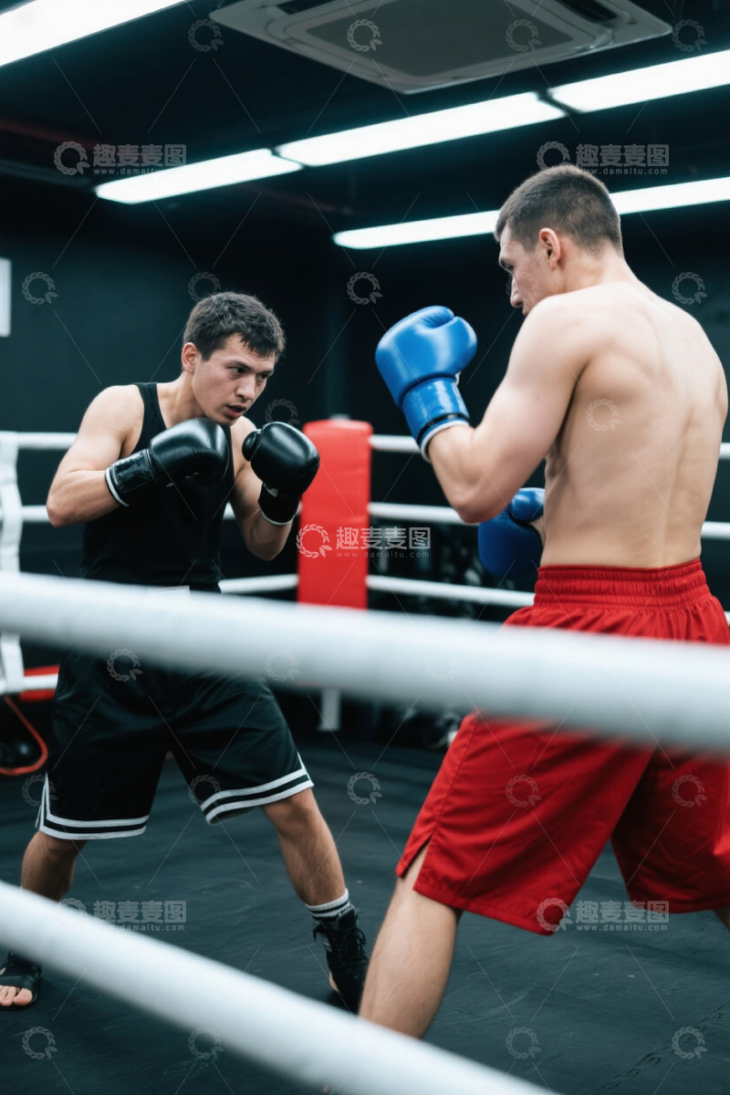 高清大图下载【趣麦麦图】健身房内两位拳击手对练场景
