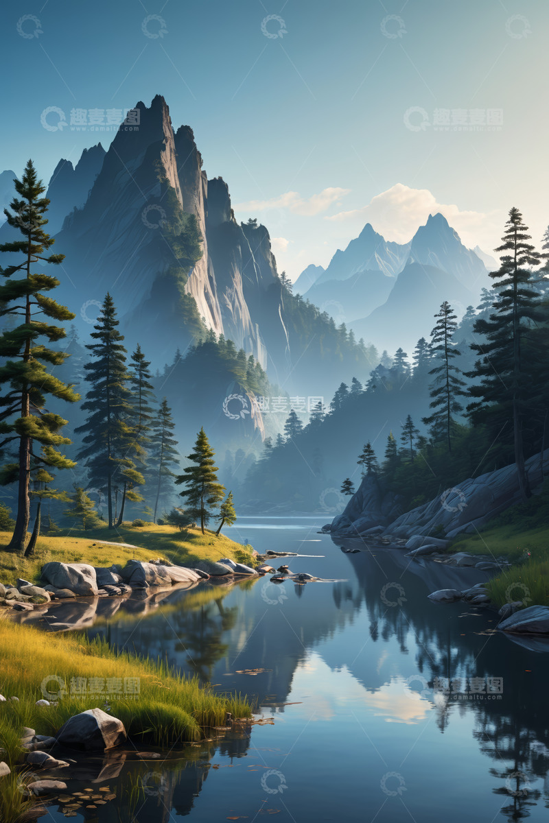 高清大图下载【趣麦麦图】山林间宁静湖泊自然景观