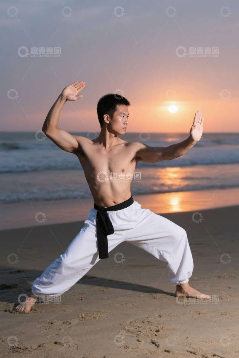 高清大图下载【趣麦麦图】男子海滩练武术夕阳下剪影