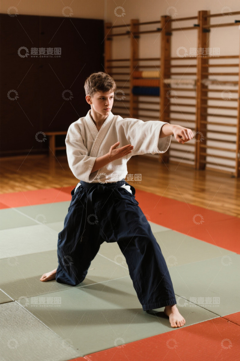 高清大图下载【趣麦麦图】男孩在室内练习空手道