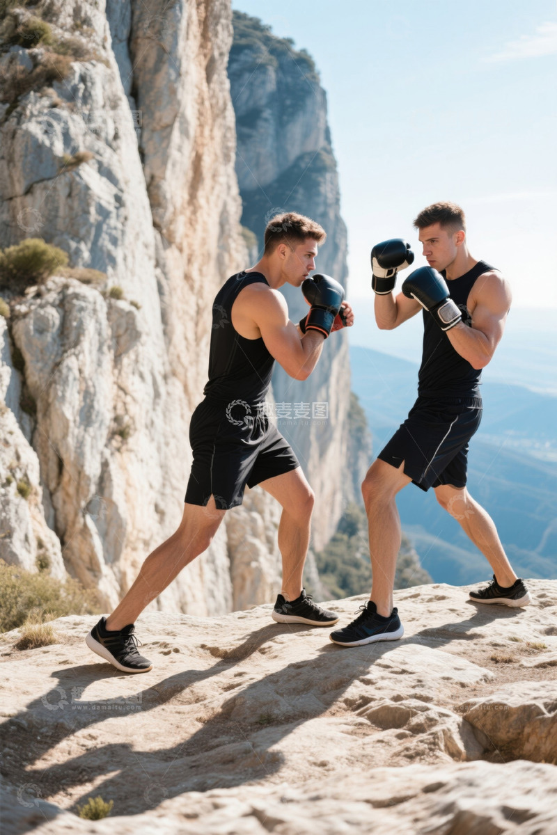 高清大图下载【趣麦麦图】户外悬崖边男子拳击训练