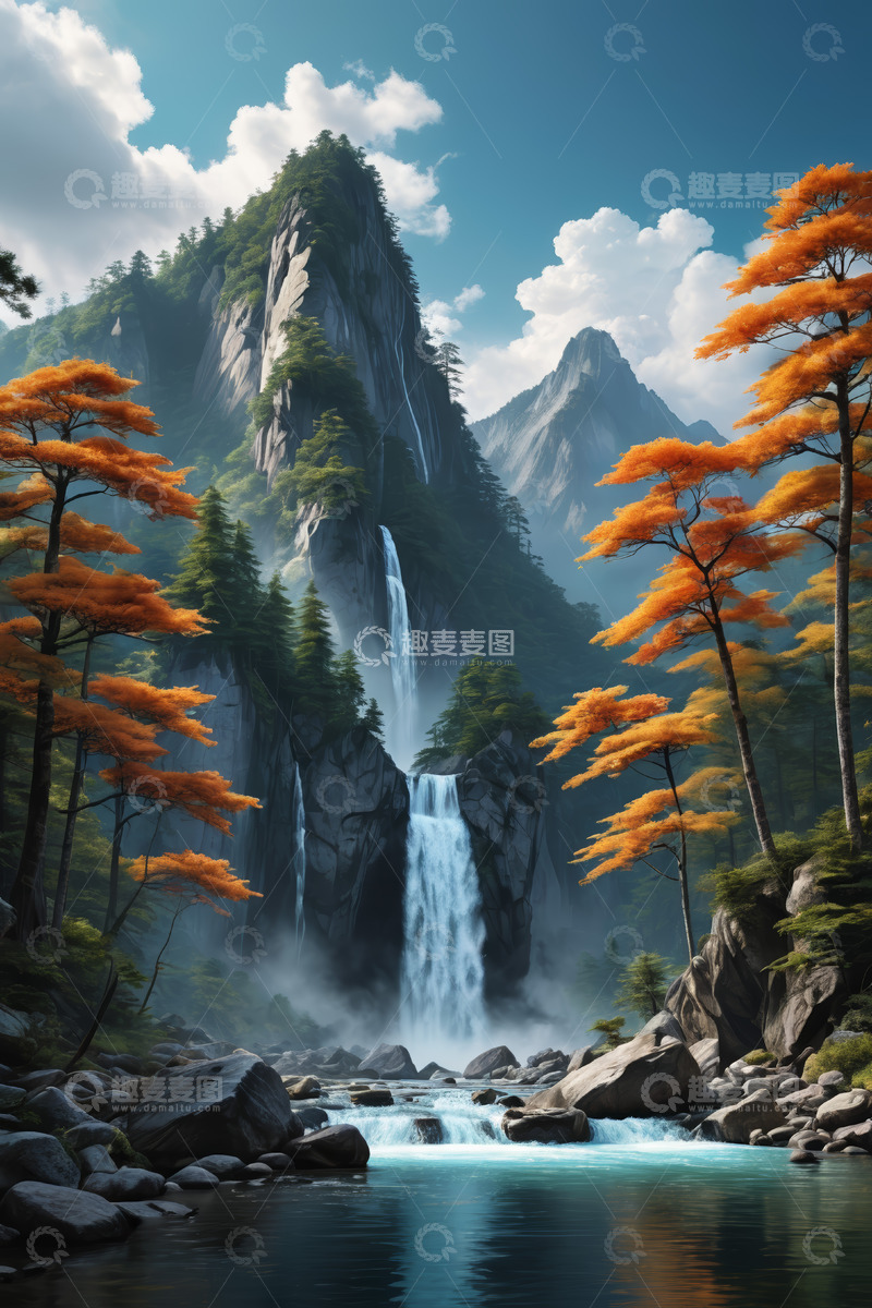 高清大图下载【趣麦麦图】山间瀑布与秋色树木风景