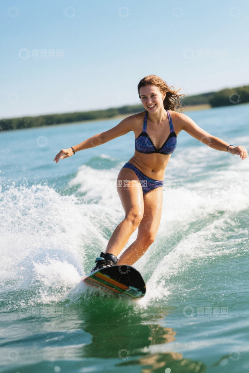 高清大图下载【趣麦麦图】女子在湖面冲浪的场景