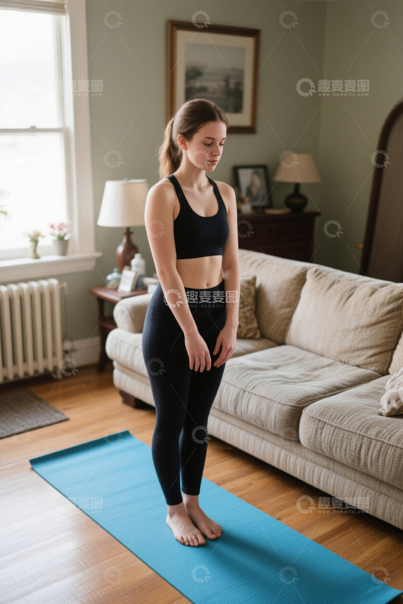 高清大图下载【趣麦麦图】居家女子站立在瑜伽垫上健身