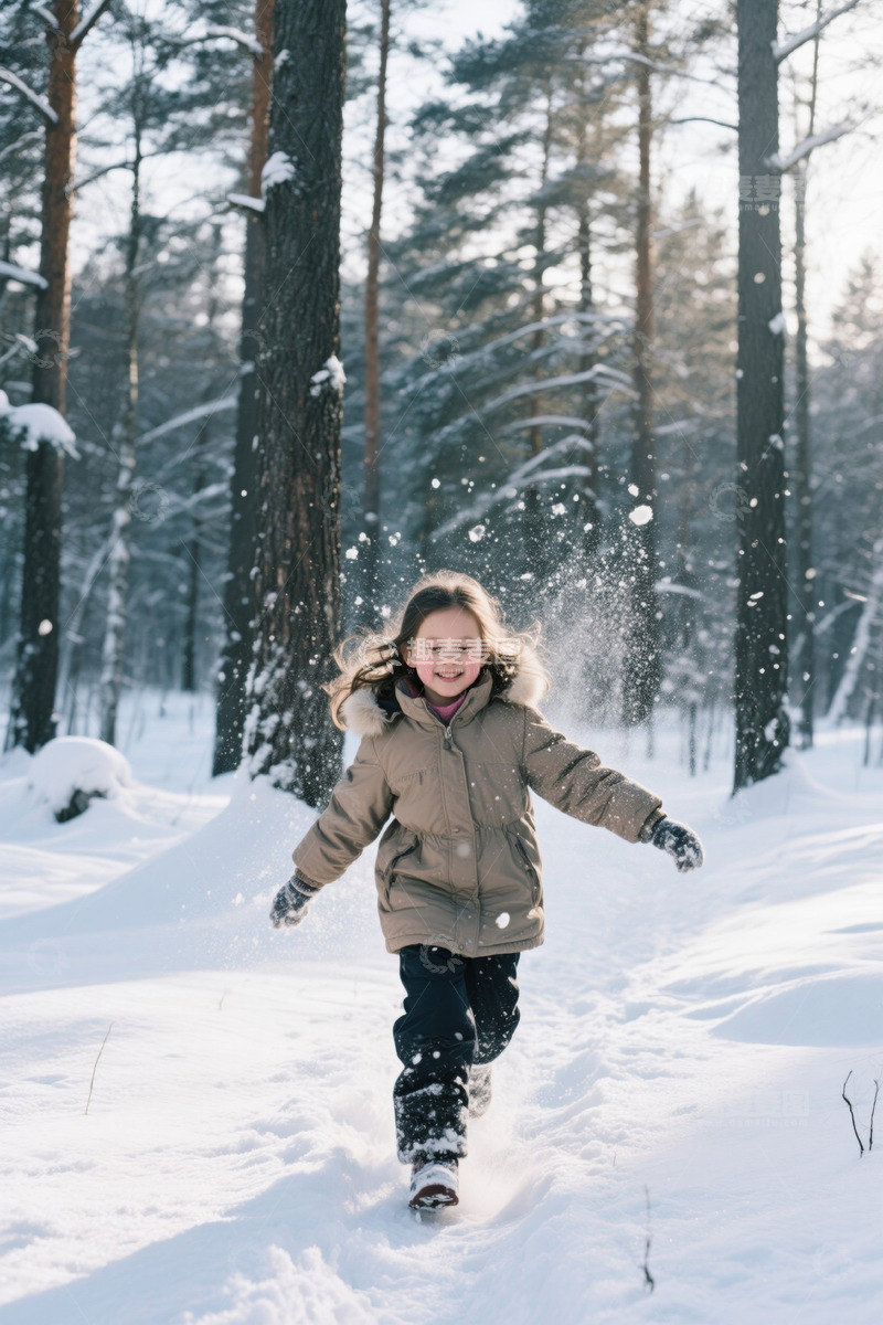 高清大图下载【趣麦麦图】小女孩雪地森林中奔跑