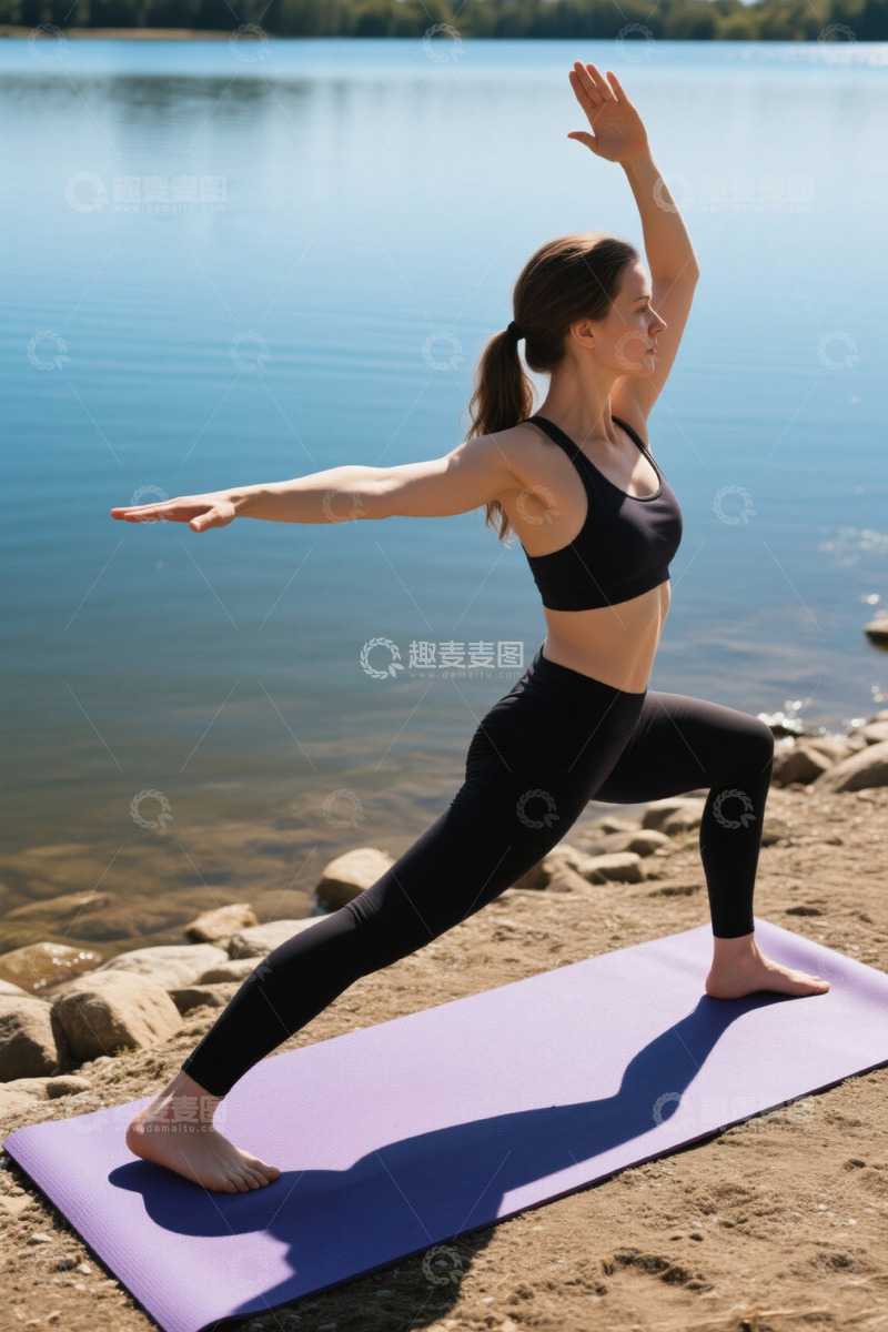 高清大图下载【趣麦麦图】湖畔女子户外瑜伽练习