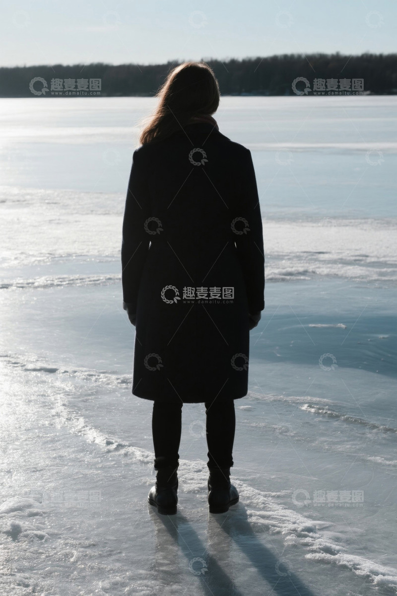 高清大图下载【趣麦麦图】女子在冰冻湖面独自站立