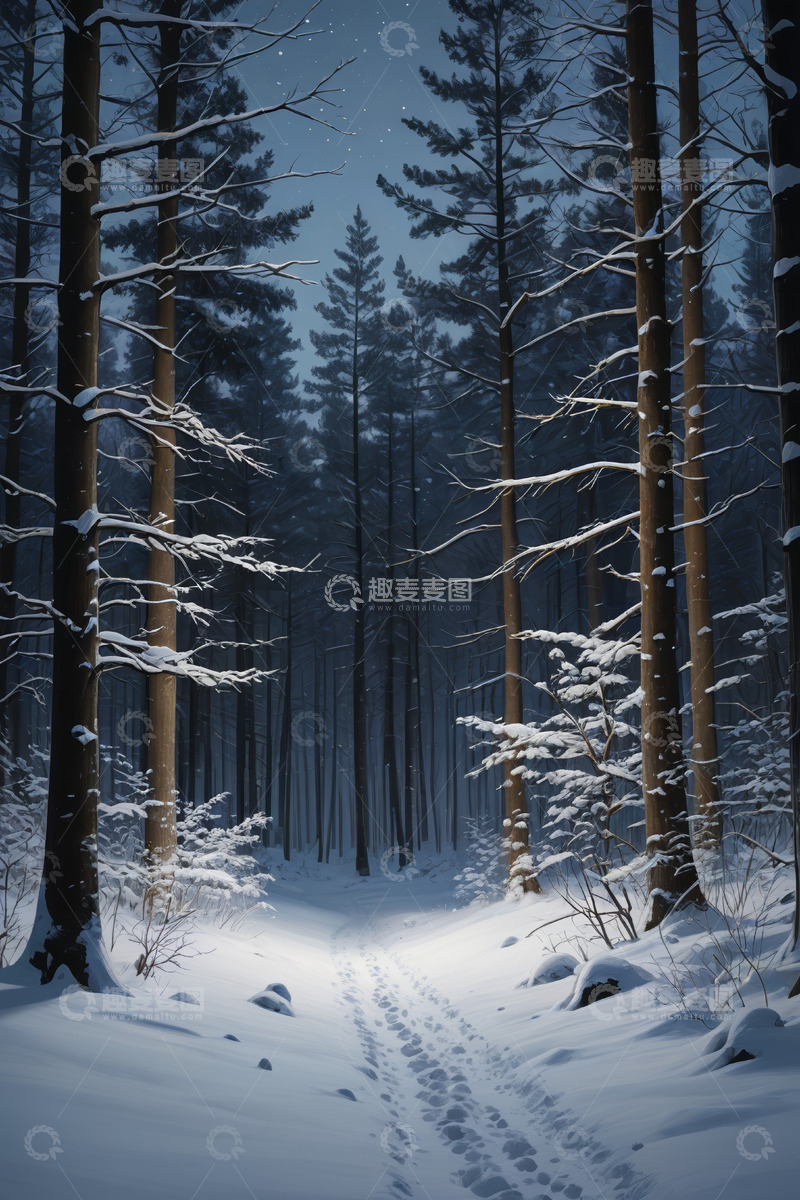 高清大图下载【趣麦麦图】雪夜中的静谧森林小径