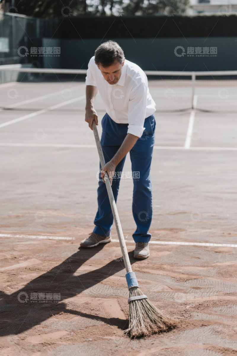 高清大图下载【趣麦麦图】男子清扫户外网球场