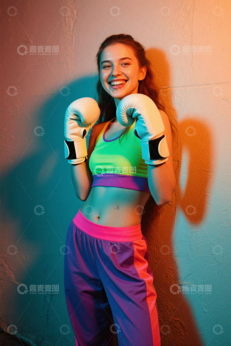 高清大图下载【趣麦麦图】戴拳击手套微笑的活力女子