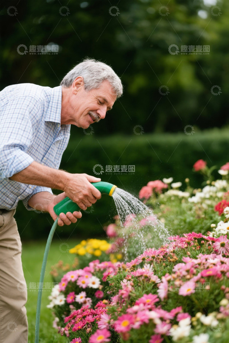 高清大图下载【趣麦麦图】老人户外花园浇花场景