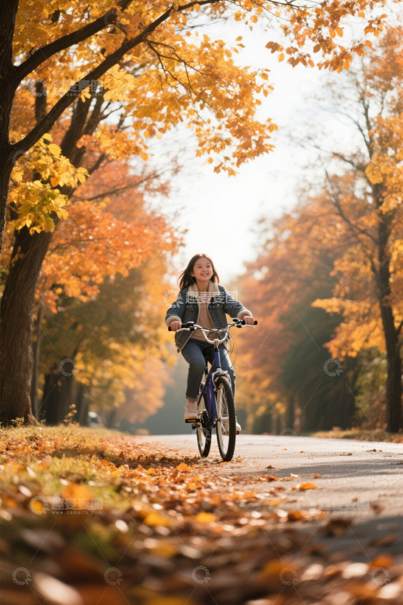 高清大图下载【趣麦麦图】女孩秋日公园骑自行车