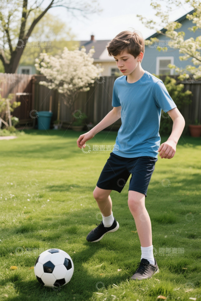 高清大图下载【趣麦麦图】男孩在户外草坪踢足球