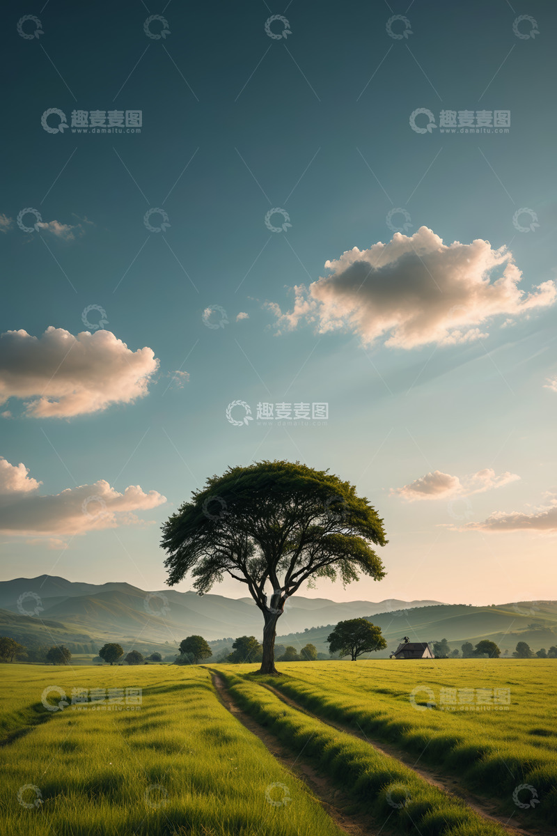 高清大图下载【趣麦麦图】田野中孤树与蓝天白云风景