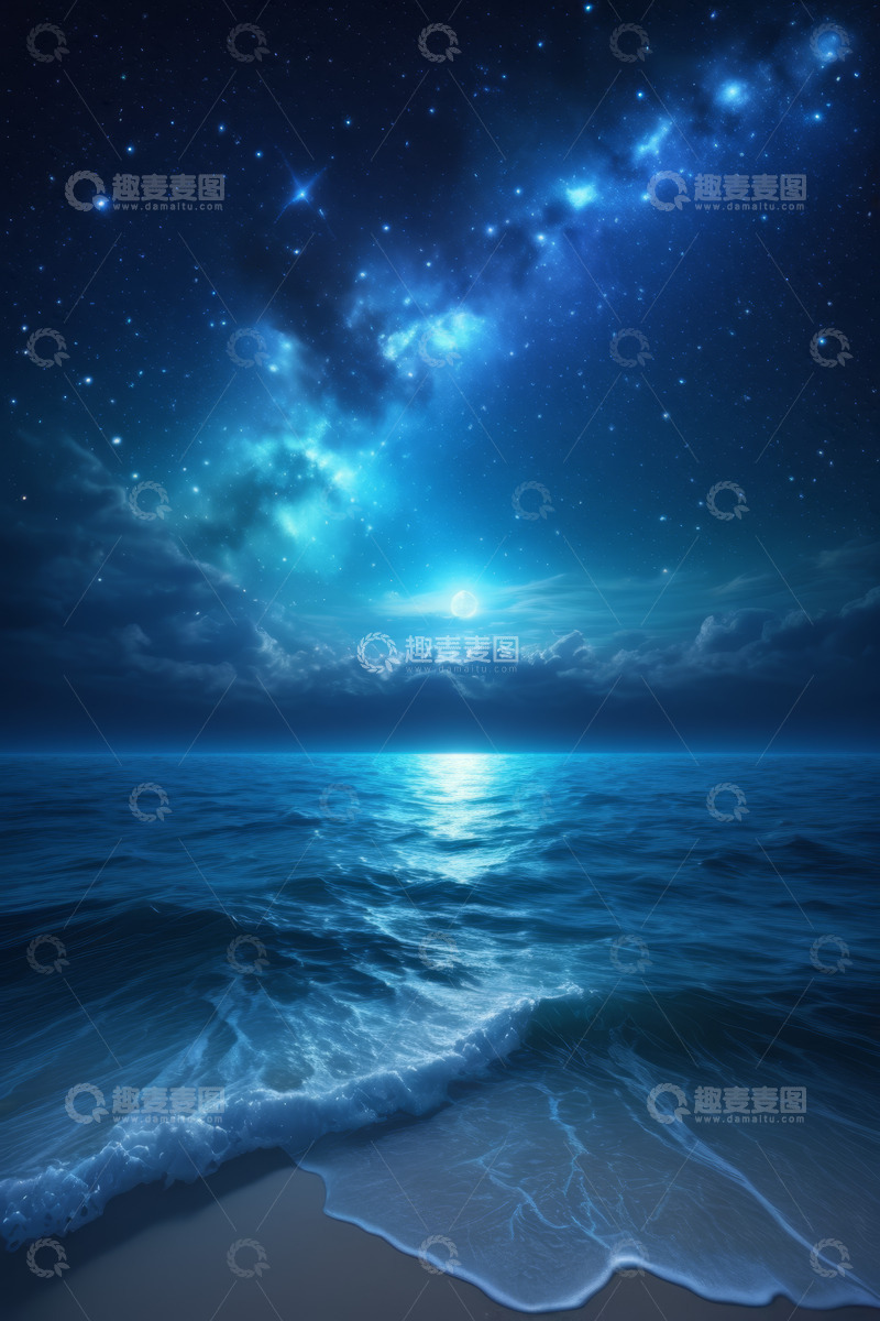 高清大图下载【趣麦麦图】月夜下的海洋与星空景象