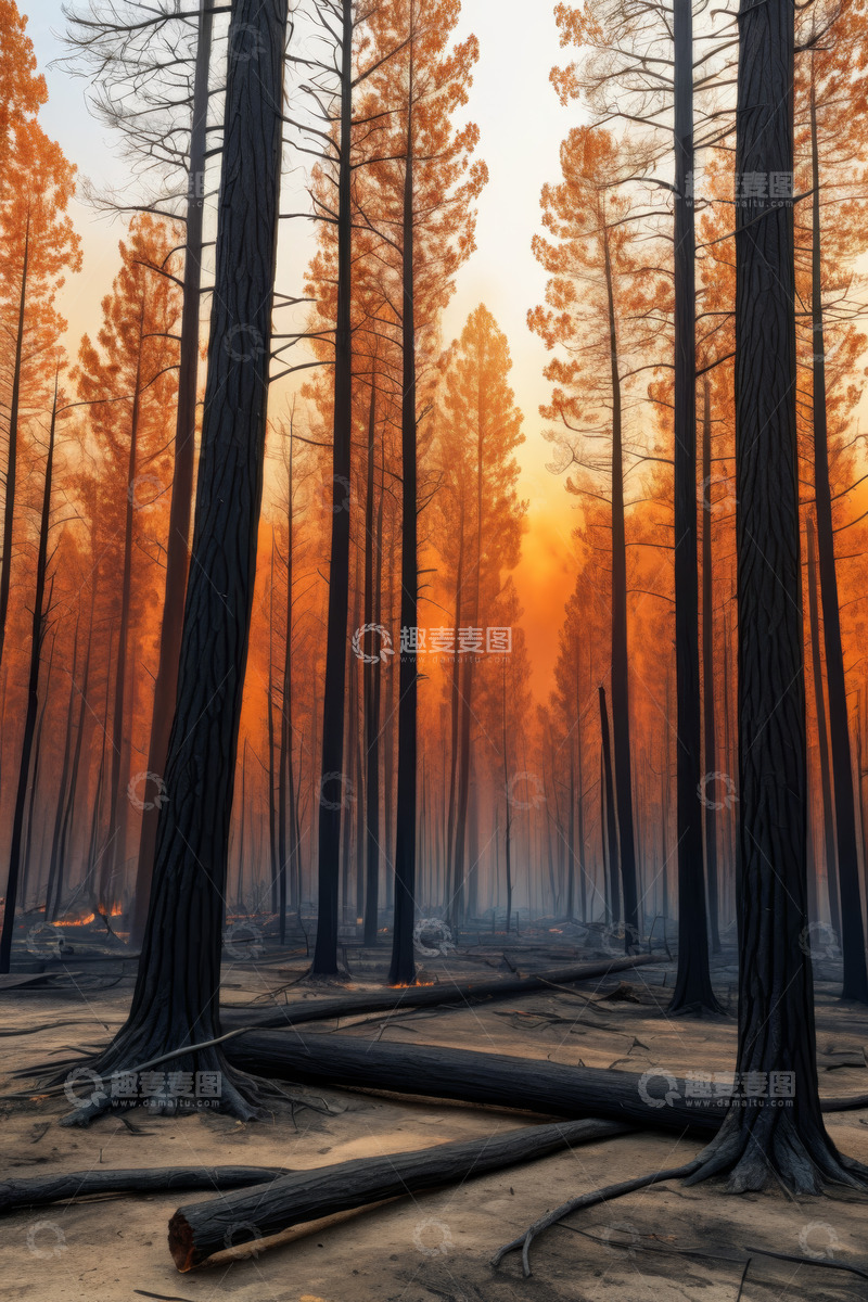 高清大图下载【趣麦麦图】森林火灾后的焦黑树林景象