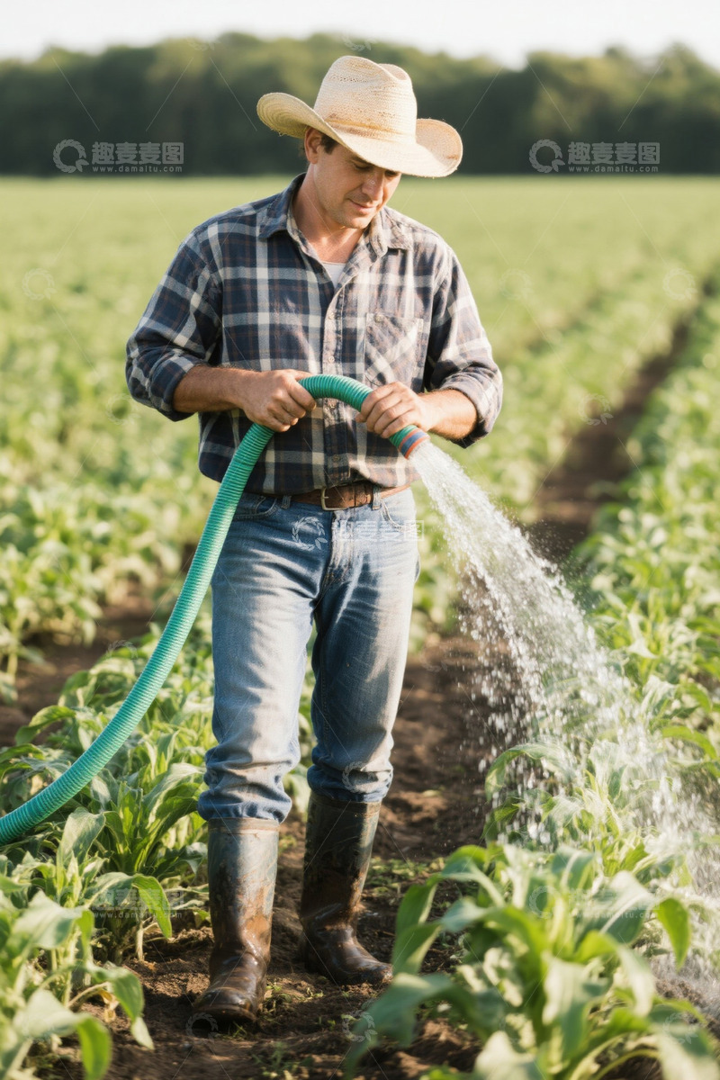 高清大图下载【趣麦麦图】农民田间手持水管灌溉