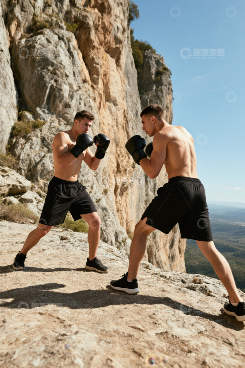 高清大图下载【趣麦麦图】户外悬崖边男子拳击训练