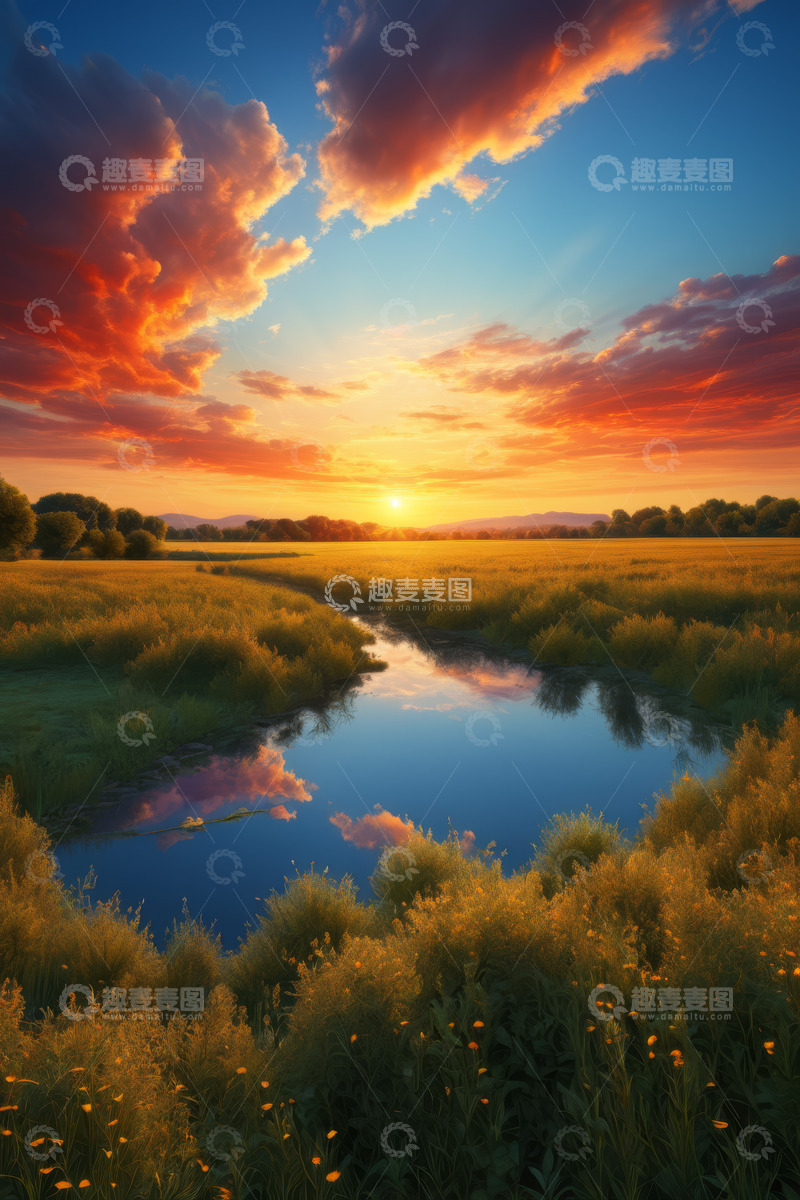 高清大图下载【趣麦麦图】田野河流边的日落景象