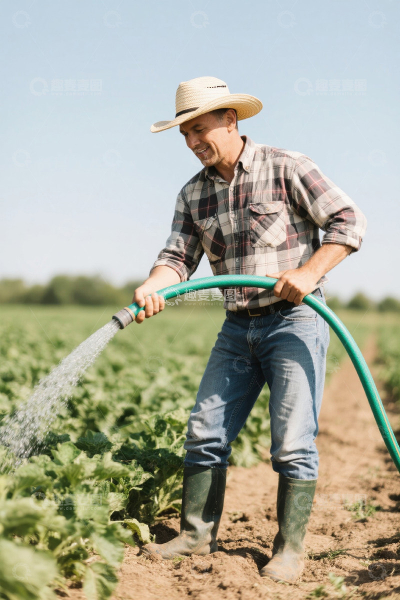 高清大图下载【趣麦麦图】农民田间手持水管灌溉农田