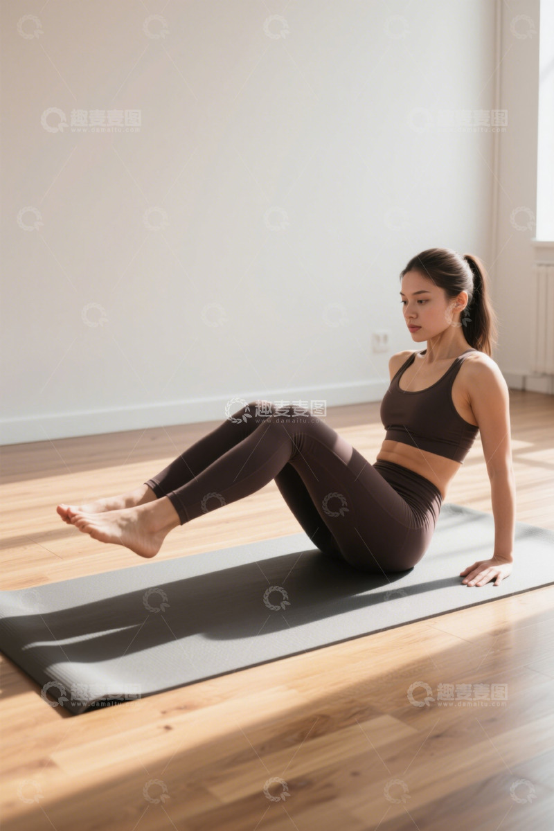 高清大图下载【趣麦麦图】年轻女子在家中瑜伽垫上做运动