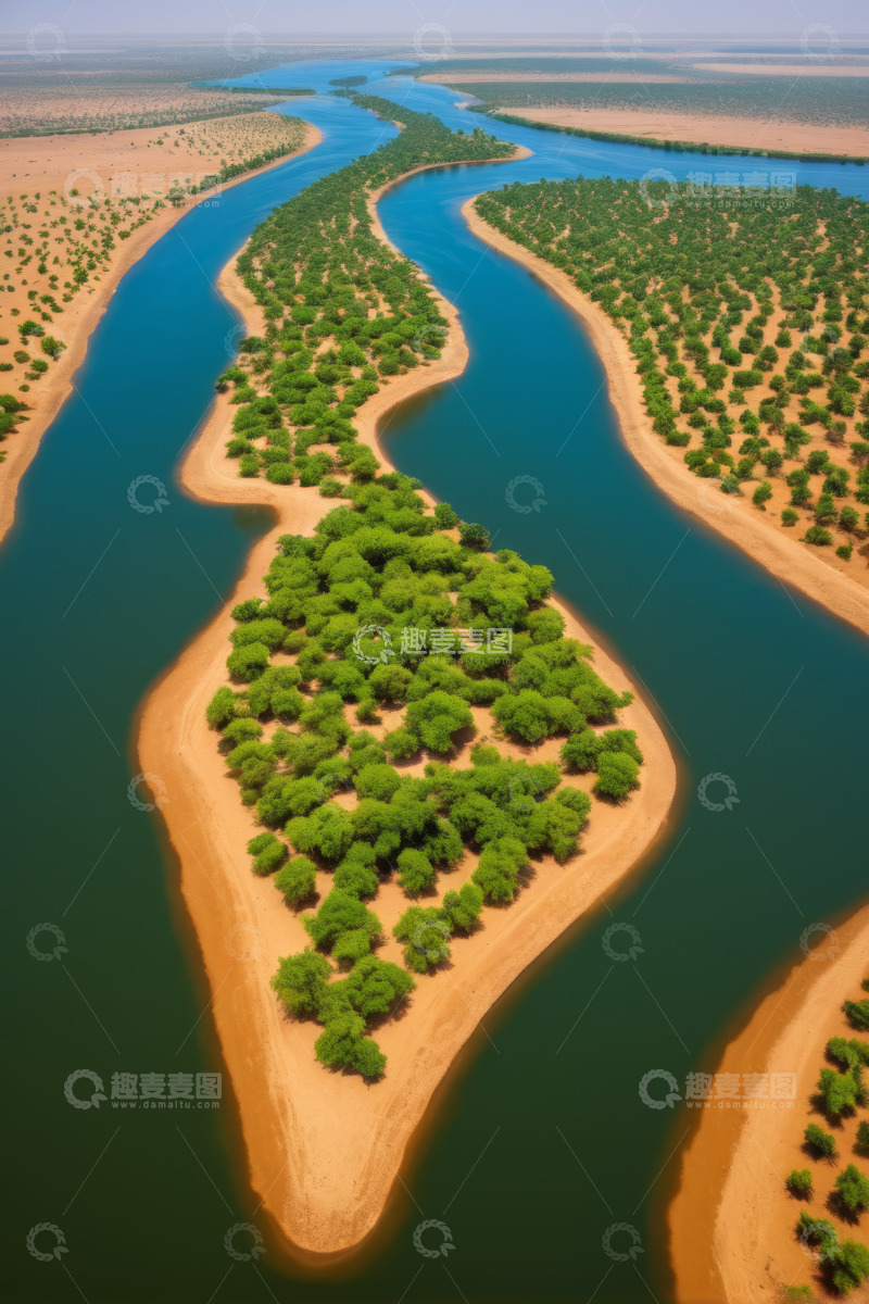 高清大图下载【趣麦麦图】沙漠河流绿植航拍景象