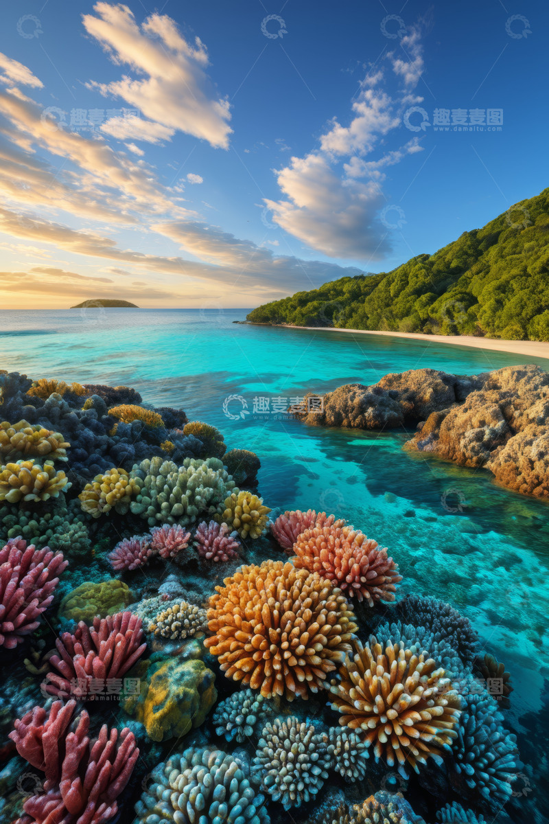 高清大图下载【趣麦麦图】海边多彩珊瑚与碧蓝海水景观