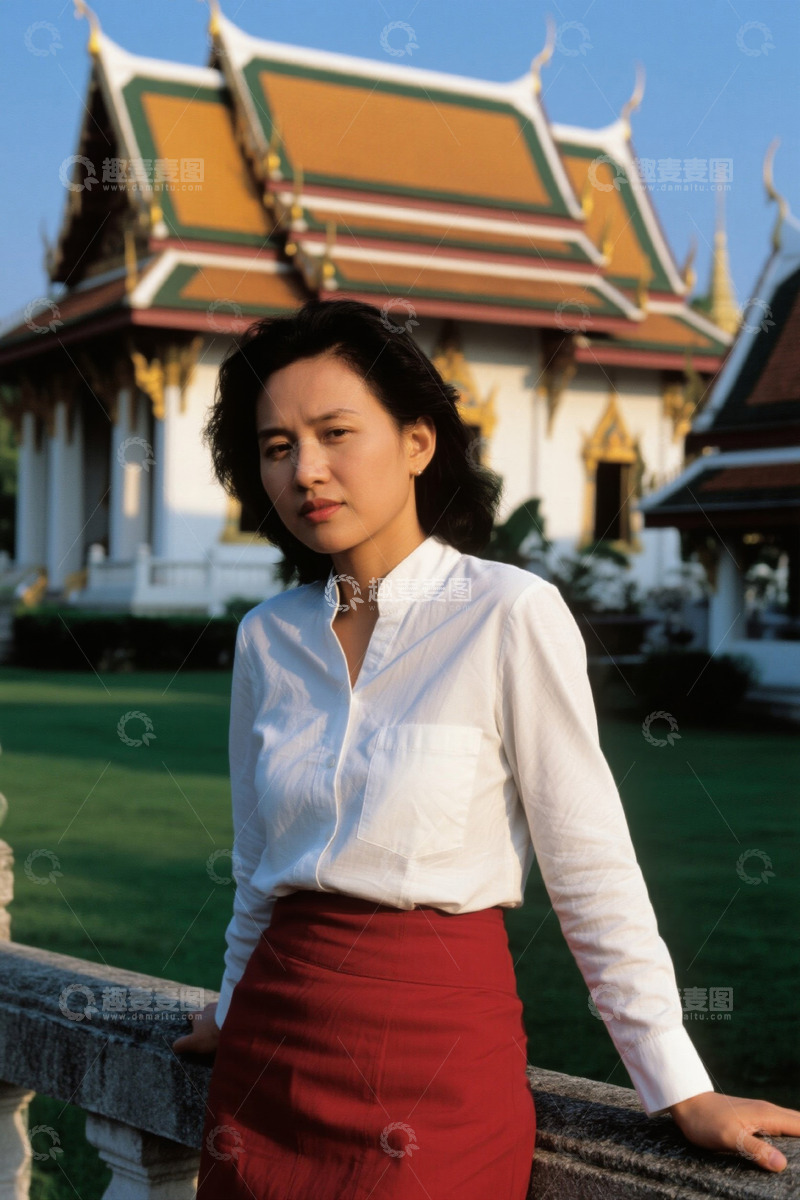 高清大图下载【趣麦麦图】亚洲女性于泰式建筑前倚靠留影