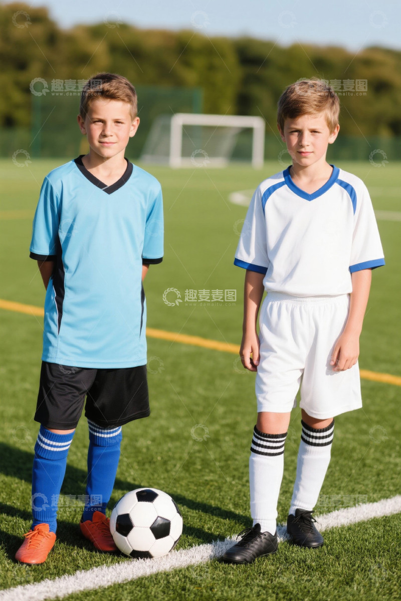 高清大图下载【趣麦麦图】足球场上的两位男孩球员