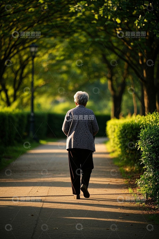 公园中漫步的老年人背影